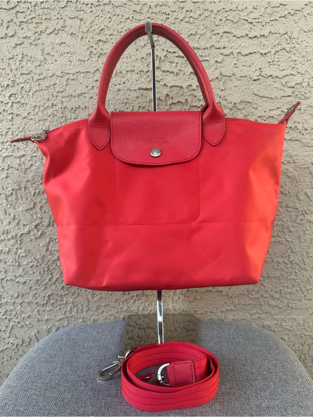 Longchamp Red Le Pliage Top-Handle Tote with Detachable Strap